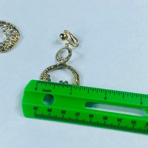 Art Deco Earrings Dangle Drop Clip-on Gold Tone Clear Rhinestones Gypsy Boho - Picture 10 of 16